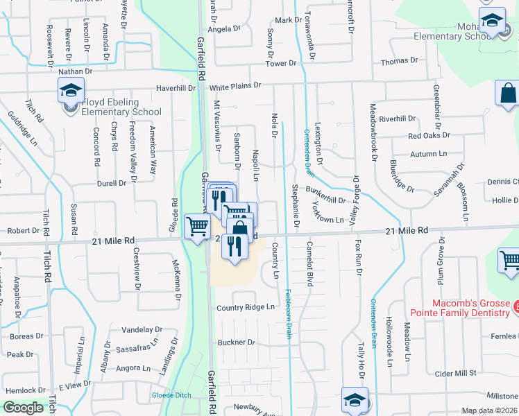 map of restaurants, bars, coffee shops, grocery stores, and more near 16940 Compania Drive in Macomb