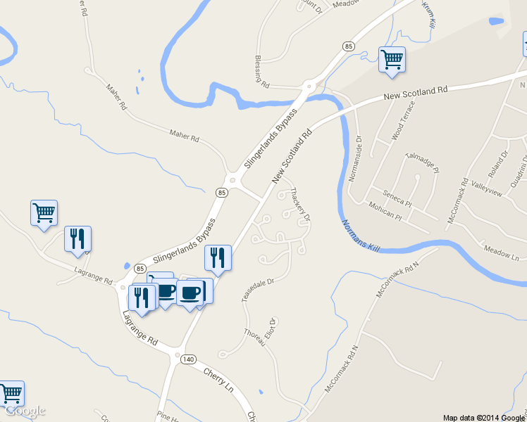 map of restaurants, bars, coffee shops, grocery stores, and more near 6 Whitman Common in Slingerlands