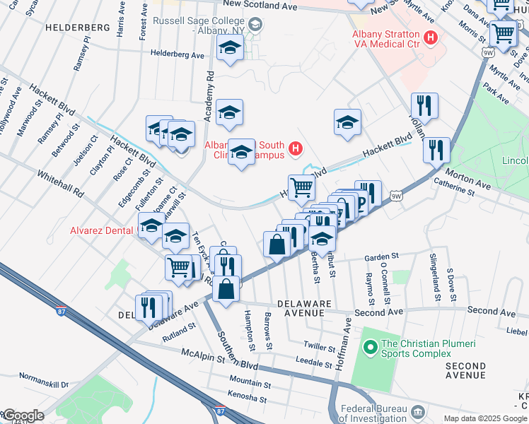 map of restaurants, bars, coffee shops, grocery stores, and more near 80 Hackett Boulevard in Albany