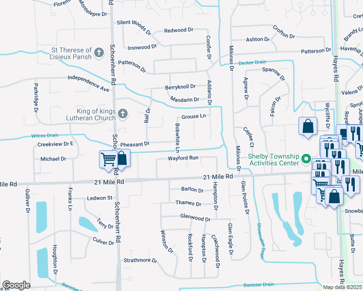 map of restaurants, bars, coffee shops, grocery stores, and more near 47312 Bobwhite Lane in Macomb County