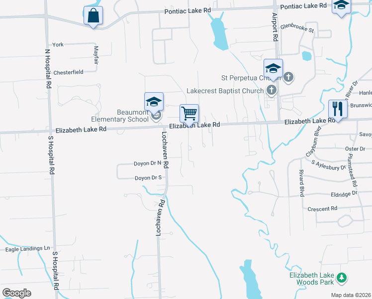 map of restaurants, bars, coffee shops, grocery stores, and more near 59 Cascade Lane in Waterford Township