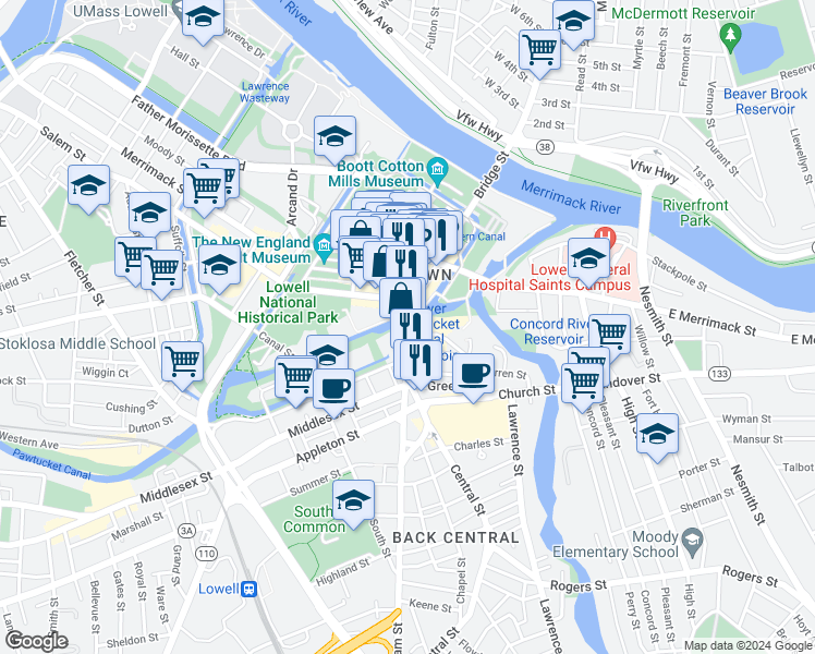 map of restaurants, bars, coffee shops, grocery stores, and more near 139 Central Street in Lowell