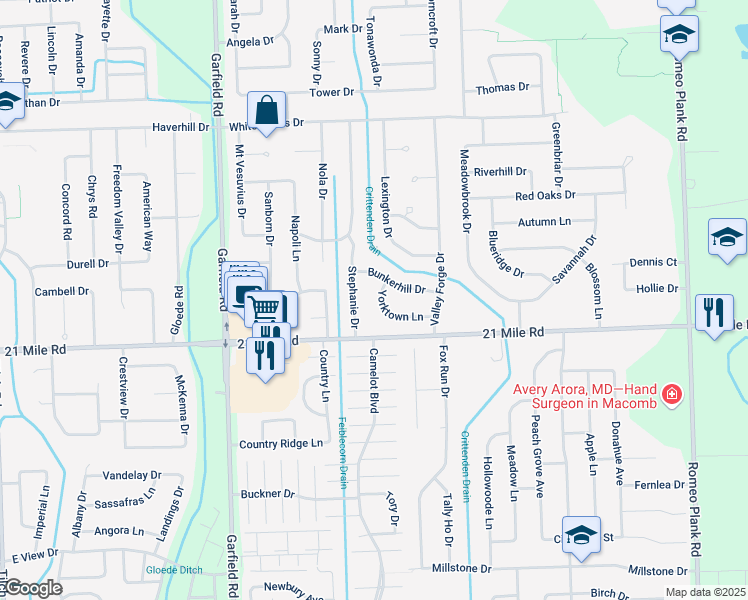 map of restaurants, bars, coffee shops, grocery stores, and more near 17272 Yorktown Lane in Macomb