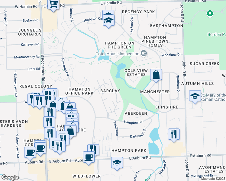 map of restaurants, bars, coffee shops, grocery stores, and more near 629 Ashley Circle in Rochester Hills