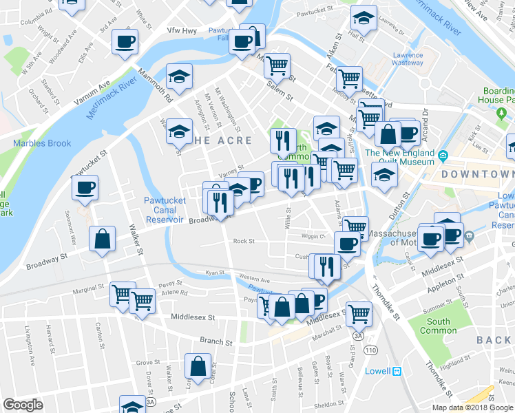 map of restaurants, bars, coffee shops, grocery stores, and more near 493 Broadway Street in Lowell