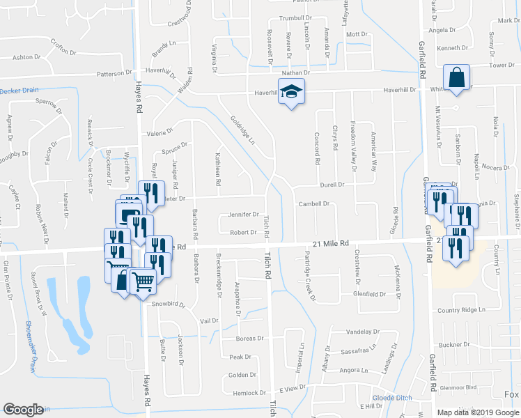 map of restaurants, bars, coffee shops, grocery stores, and more near 15875 Jennifer Drive in Macomb
