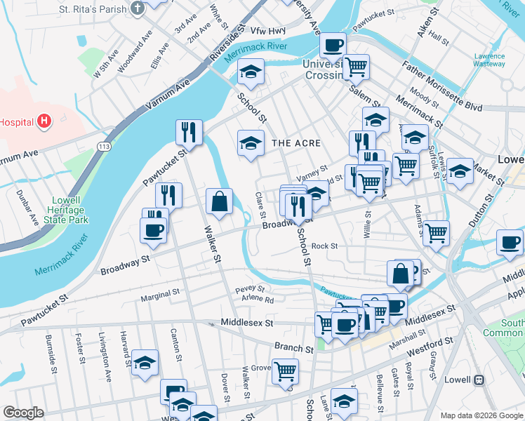map of restaurants, bars, coffee shops, grocery stores, and more near 19 Clare Street in Lowell