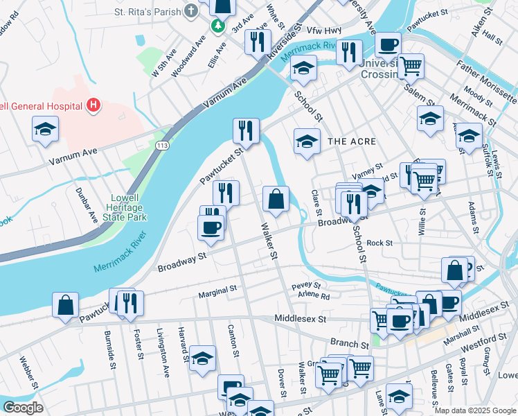 map of restaurants, bars, coffee shops, grocery stores, and more near 38 Bachelder Street in Lowell