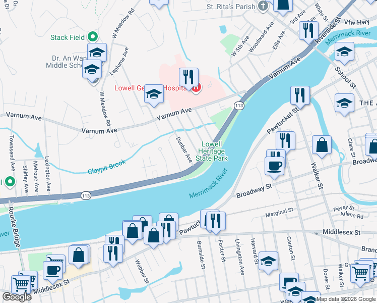 map of restaurants, bars, coffee shops, grocery stores, and more near 30 Delaware Avenue in Lowell