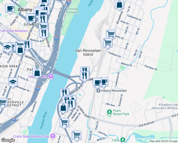 map of restaurants, bars, coffee shops, grocery stores, and more near 541 Broadway in Rensselaer