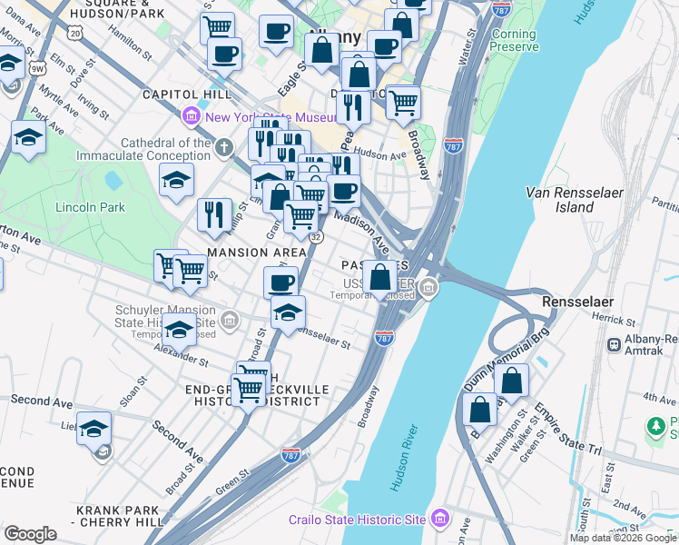 map of restaurants, bars, coffee shops, grocery stores, and more near 136 Green Street in Albany