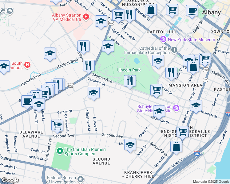 map of restaurants, bars, coffee shops, grocery stores, and more near 236 South Swan Street in Albany