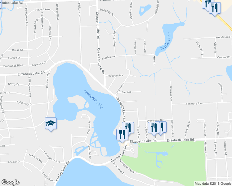 map of restaurants, bars, coffee shops, grocery stores, and more near 4950 Elizabeth Lake Road in Waterford Township