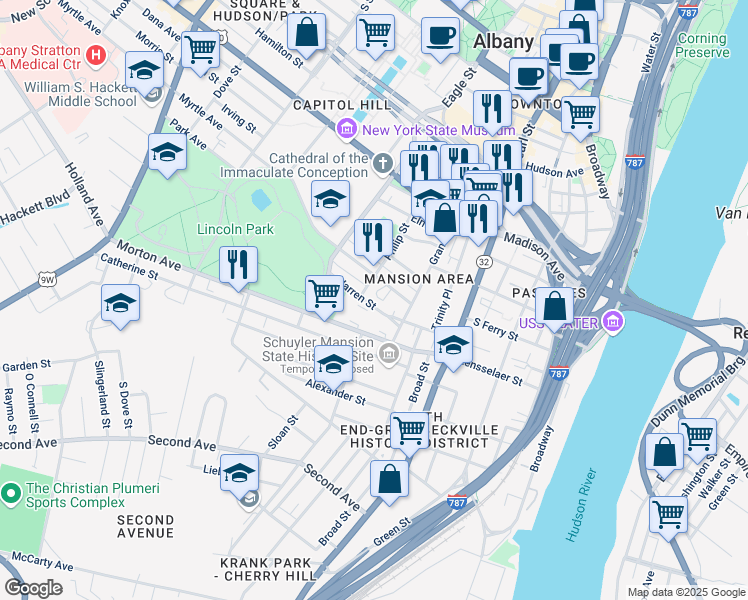 map of restaurants, bars, coffee shops, grocery stores, and more near 15 Warren Street in Albany