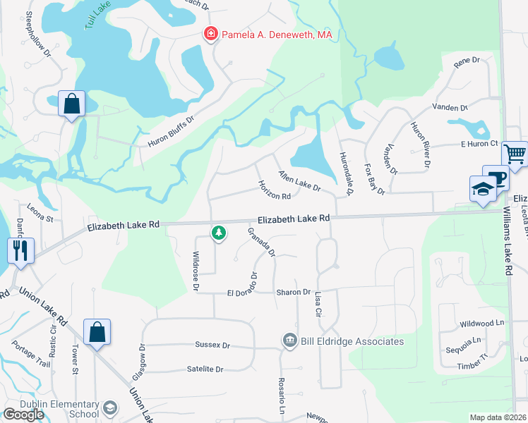 map of restaurants, bars, coffee shops, grocery stores, and more near 8750 Elizabeth Lake Road in White Lake charter Township