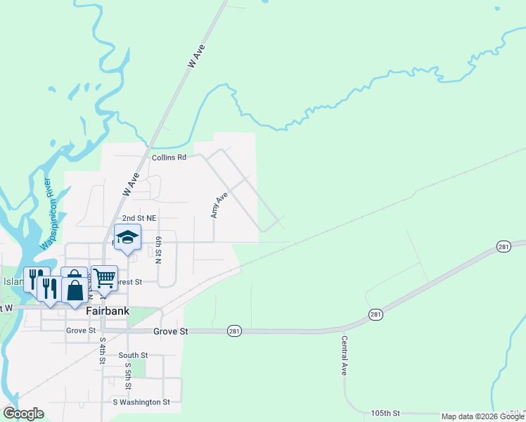 map of restaurants, bars, coffee shops, grocery stores, and more near 1209 102nd Street in Fairbank