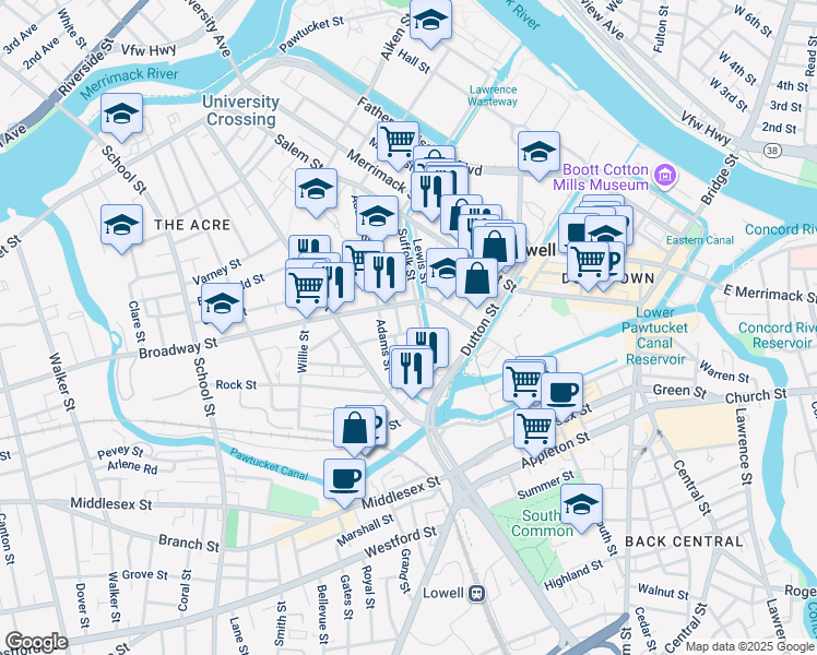 map of restaurants, bars, coffee shops, grocery stores, and more near 13 Dublin Street in Lowell