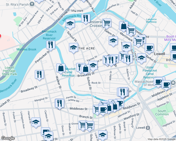 map of restaurants, bars, coffee shops, grocery stores, and more near 230 Cross Street in Lowell
