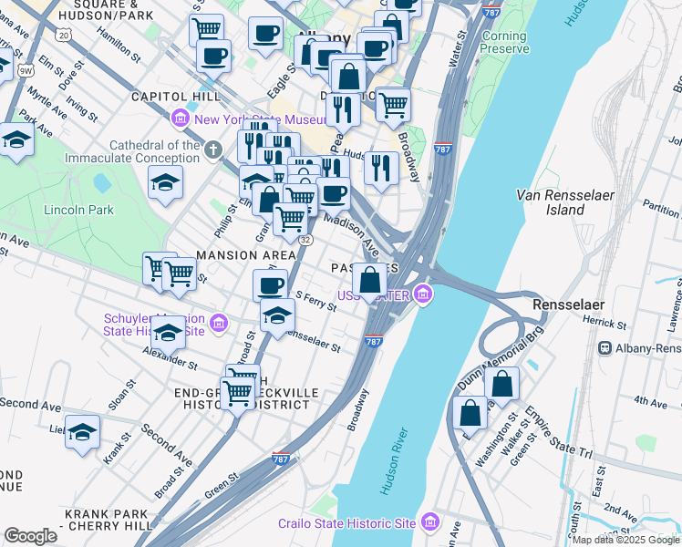 map of restaurants, bars, coffee shops, grocery stores, and more near 136 Green Street in Albany