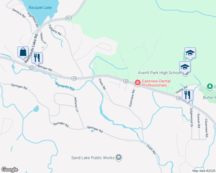 map of restaurants, bars, coffee shops, grocery stores, and more near 328 Thais Road in Averill Park