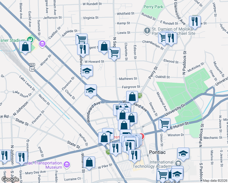 map of restaurants, bars, coffee shops, grocery stores, and more near 28 Hartung Court in Pontiac
