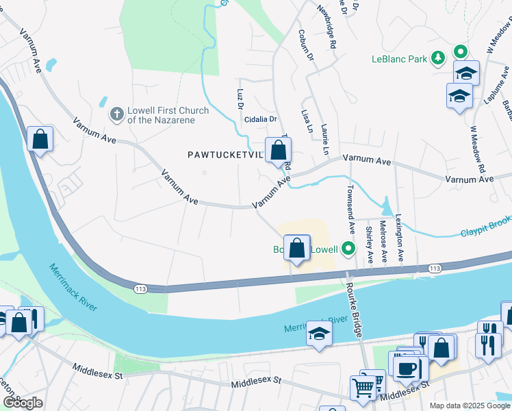 map of restaurants, bars, coffee shops, grocery stores, and more near 902 Varnum Ave in Lowell