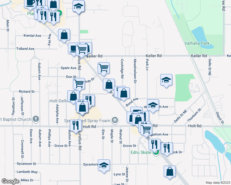 map of restaurants, bars, coffee shops, grocery stores, and more near 2108 Cedar Street in Holt