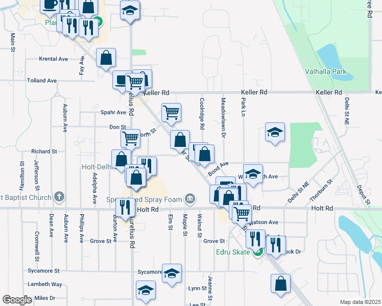 map of restaurants, bars, coffee shops, grocery stores, and more near 2108 Cedar Street in Holt
