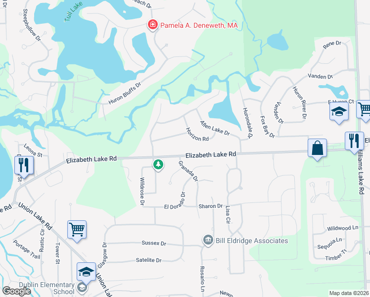 map of restaurants, bars, coffee shops, grocery stores, and more near 8750 Elizabeth Lake Road in Oakland County