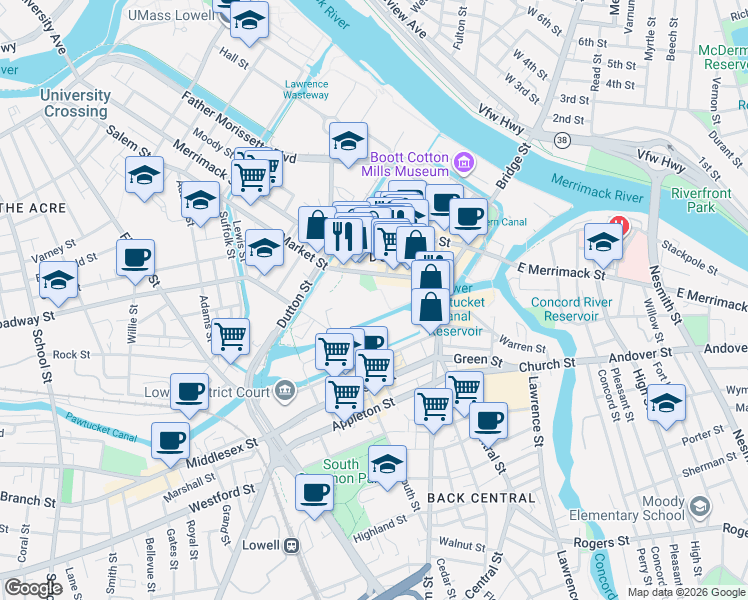 map of restaurants, bars, coffee shops, grocery stores, and more near 200 Market Street in Lowell