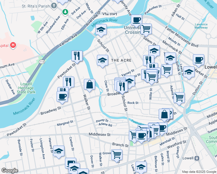 map of restaurants, bars, coffee shops, grocery stores, and more near 19 Clare Street in Lowell