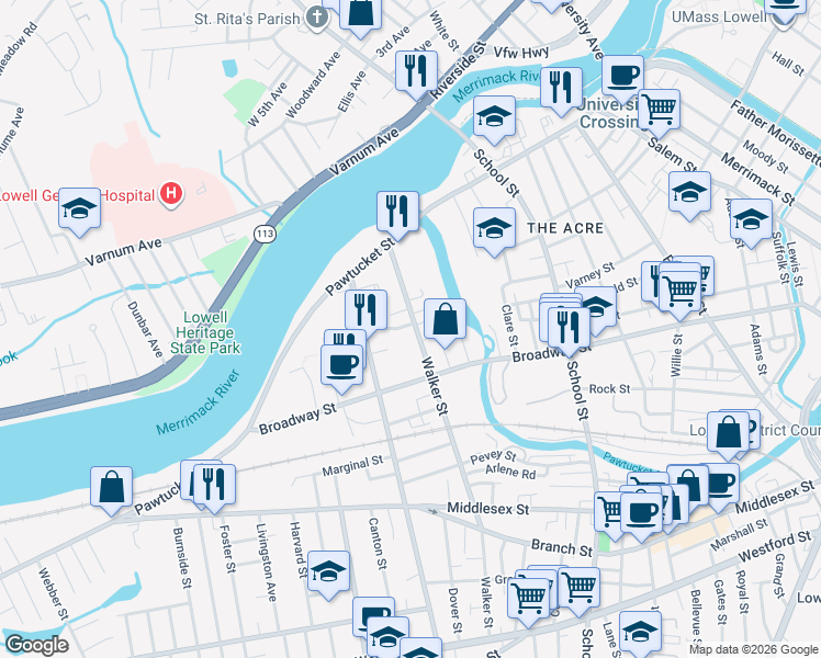 map of restaurants, bars, coffee shops, grocery stores, and more near 38 Bachelder Street in Lowell