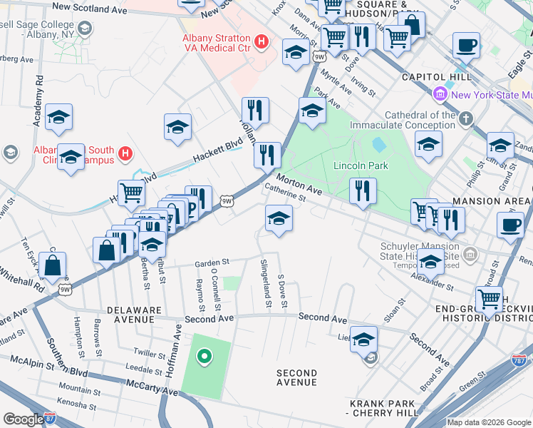 map of restaurants, bars, coffee shops, grocery stores, and more near 125 Slingerland Street in Albany
