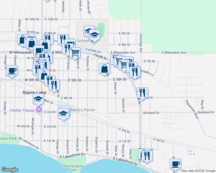map of restaurants, bars, coffee shops, grocery stores, and more near 522 Russell Street in Storm Lake