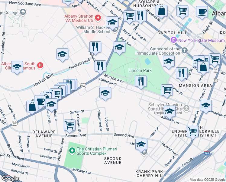 map of restaurants, bars, coffee shops, grocery stores, and more near 197 Delaware Street in Albany