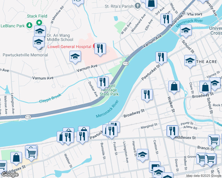 map of restaurants, bars, coffee shops, grocery stores, and more near 160 Pawtucket Boulevard in Lowell