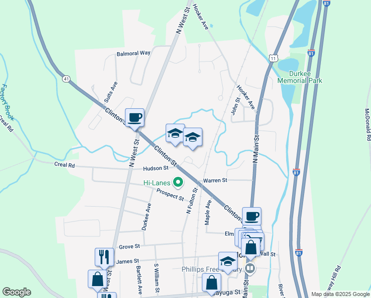 map of restaurants, bars, coffee shops, grocery stores, and more near 58 Clinton Street in Homer