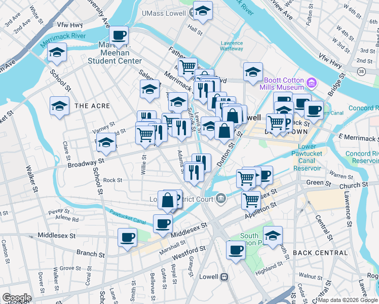 map of restaurants, bars, coffee shops, grocery stores, and more near 46 Cork Street in Lowell