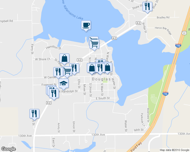 map of restaurants, bars, coffee shops, grocery stores, and more near 11 W Center St in Douglas