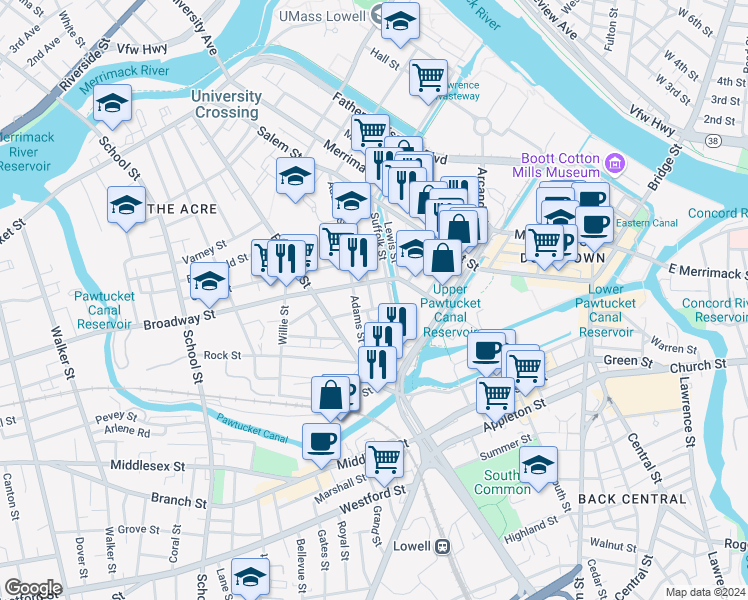 map of restaurants, bars, coffee shops, grocery stores, and more near 46 Cork Street in Lowell