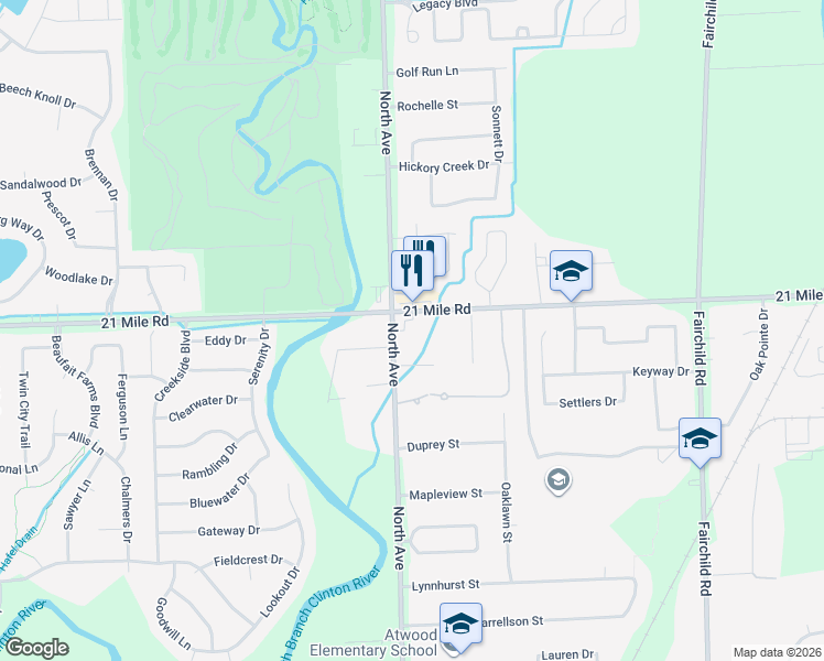 map of restaurants, bars, coffee shops, grocery stores, and more near 46900 North Avenue in Macomb