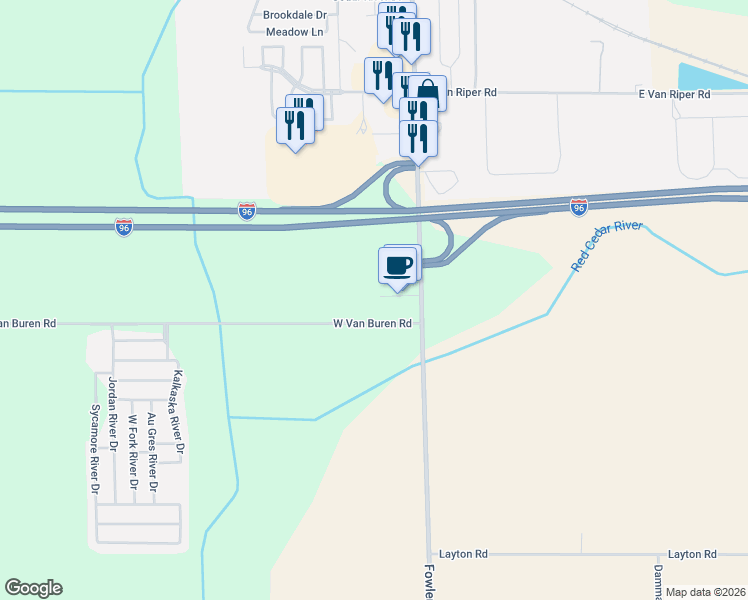 map of restaurants, bars, coffee shops, grocery stores, and more near 8142 West Van Buren Road in Fowlerville