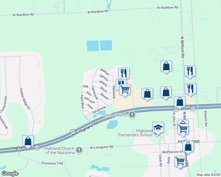 map of restaurants, bars, coffee shops, grocery stores, and more near 204-243 Hemlock in Highland
