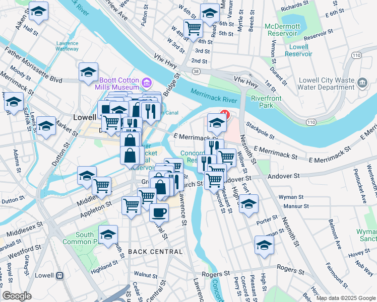 map of restaurants, bars, coffee shops, grocery stores, and more near 105 Davidson Street in Lowell