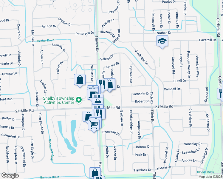 map of restaurants, bars, coffee shops, grocery stores, and more near 47210 Hayes Road in Macomb