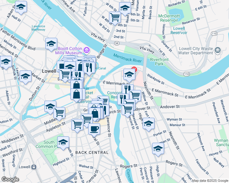 map of restaurants, bars, coffee shops, grocery stores, and more near 105 Davidson Street in Lowell