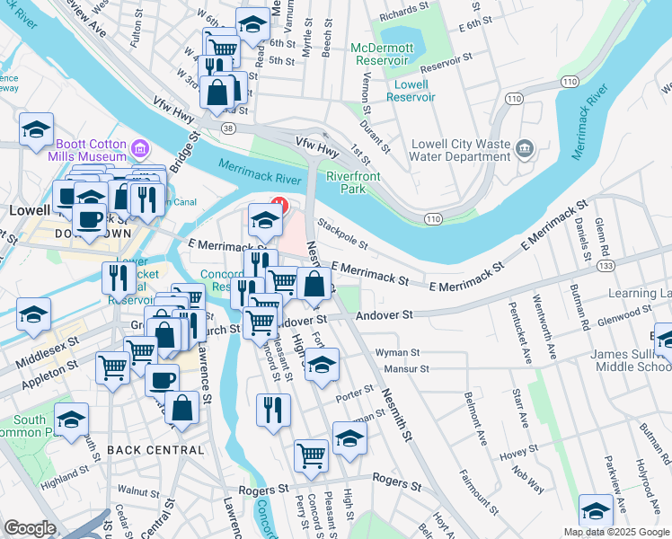 map of restaurants, bars, coffee shops, grocery stores, and more near 136 Chestnut Street in Lowell