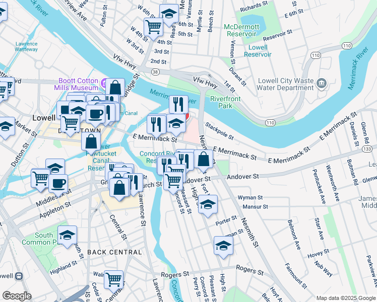 map of restaurants, bars, coffee shops, grocery stores, and more near 29F Ash Street in Lowell