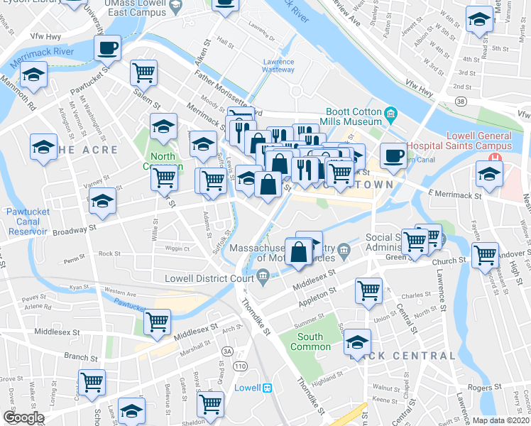 map of restaurants, bars, coffee shops, grocery stores, and more near in Lowell
