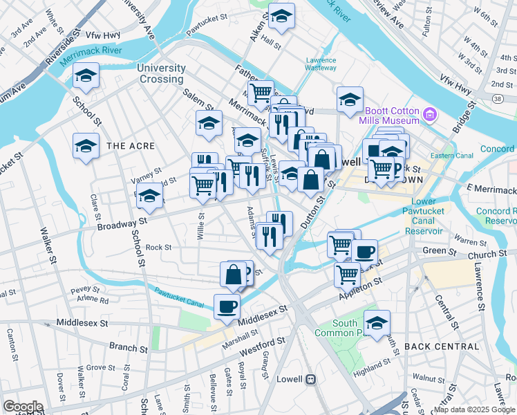 map of restaurants, bars, coffee shops, grocery stores, and more near 13 Dublin Street in Lowell